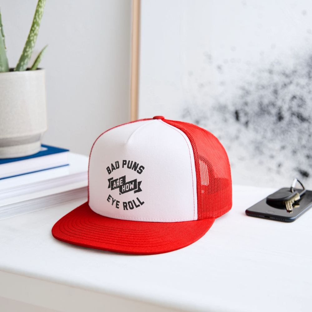 Bad Puns Trucker Hat - white/red